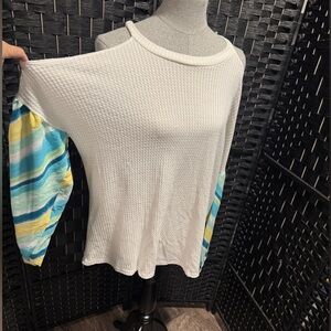 Entro White Blouse with Blue and Yellow Sleeves. Open shoulder cut waffle weave.